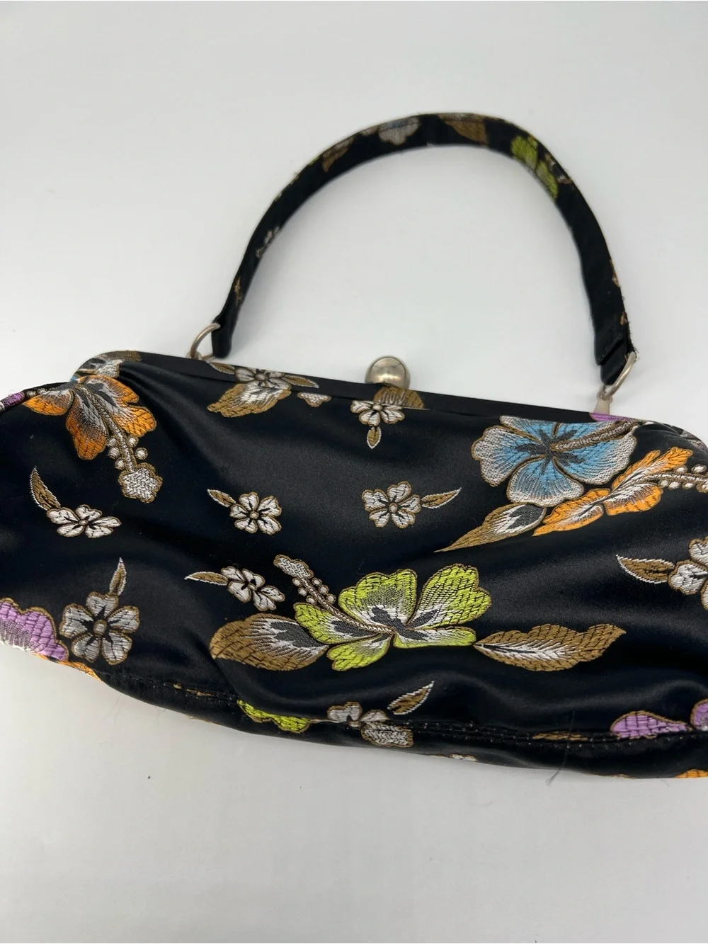 Floral Satin Top-Handle Clutch Bag – Black with Multicolor Flowers